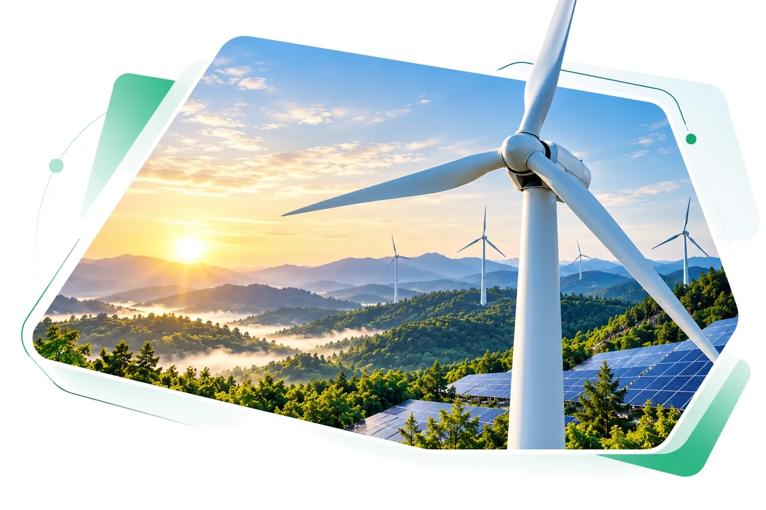 Wind turbines and solar panels above forested hills at sunrise