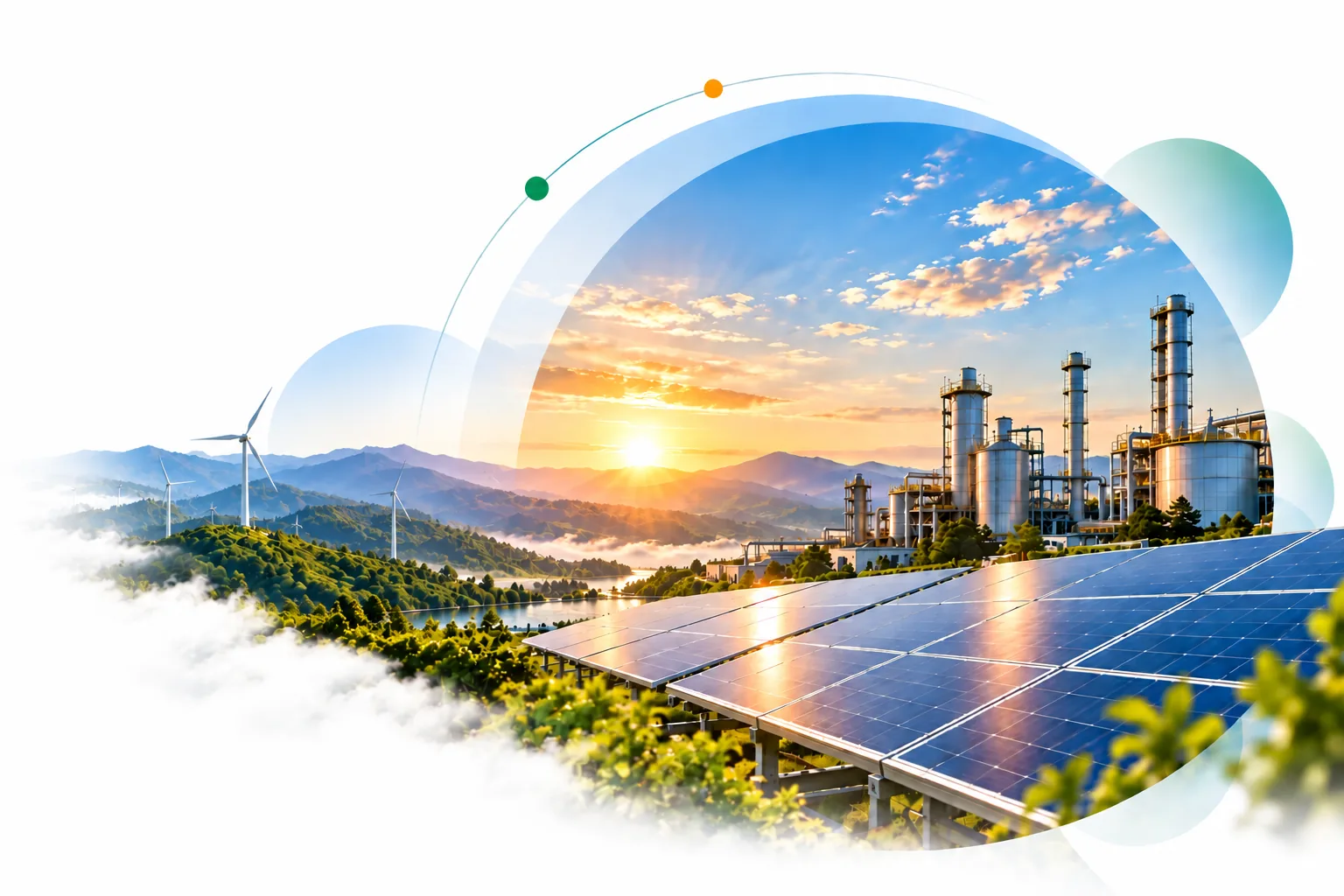 Wind turbines, solar panels and an industrial energy plant at sunrise